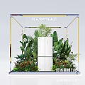 Floral Installation in Pop-up Store with Transparent Glass Cabin White Refrigerator Green Plants and Woman