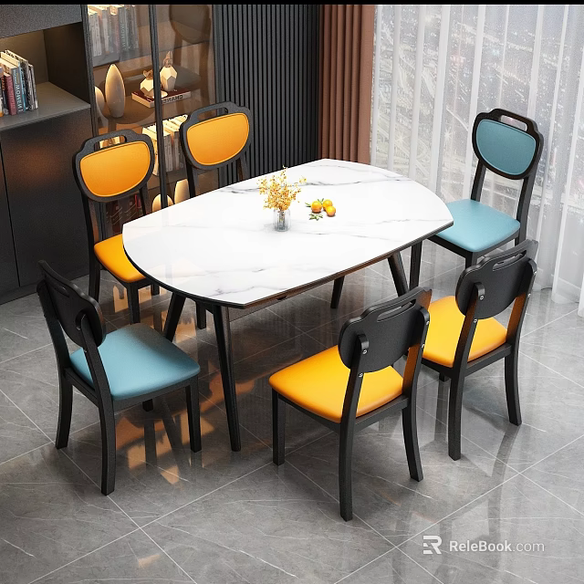 Oval Marble Top Dining Table Set With Orange And Blue Seats And Black Frames 3d model 