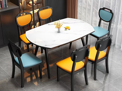 Oval Marble Top Dining Table Set With Orange And Blue Seats And Black Frames 3d model