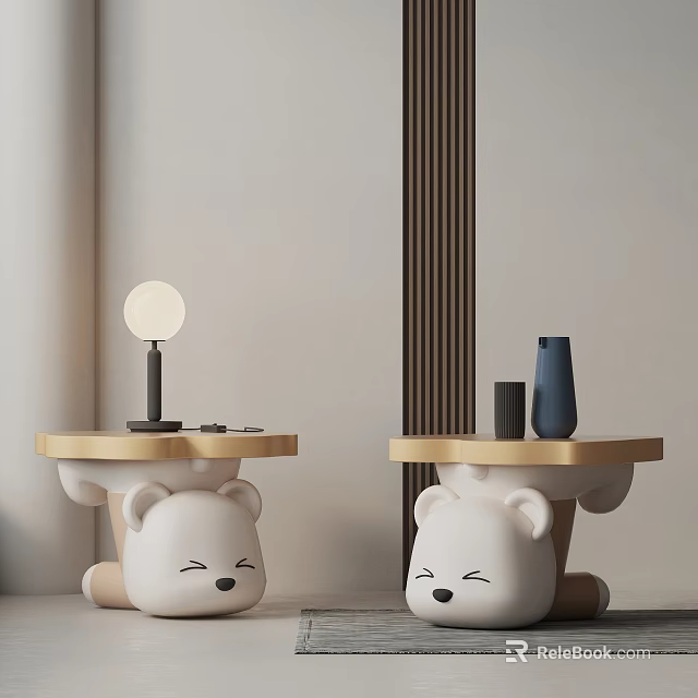 Cute Bear Shaped White Wooden Bedside Tables With Lamp And Vases 3d model 