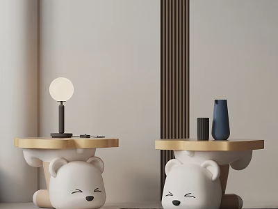Cute Bear Shaped White Wooden Bedside Tables With Lamp And Vases 3d model
