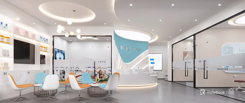 Modern Dental Clinic Reception Area With Front Desk Comfortable Seating And Soft Lighting 3d model 