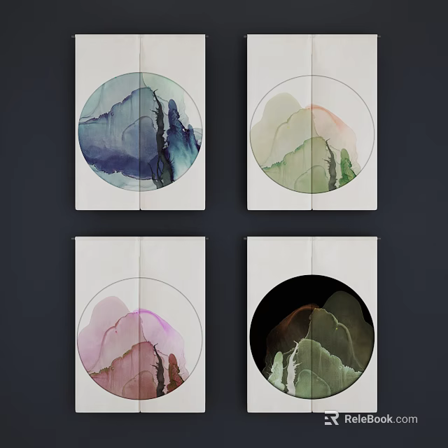 Chinese Ink Painting Kitchen Curtains with Circular Landscape Patterns in Various Colors 3d model 