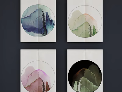 Chinese Ink Painting Kitchen Curtains with Circular Landscape Patterns in Various Colors 3d model