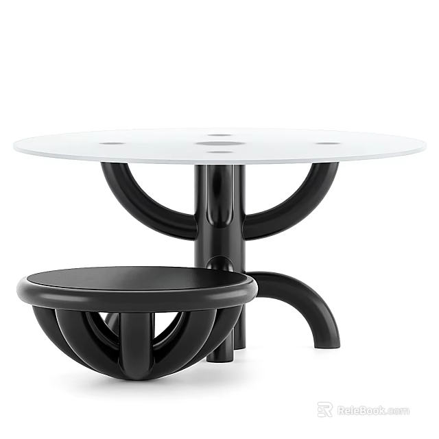Modern Coffee Table With White Round Tabletop And Black Curved Base Lower Shelf 3d model