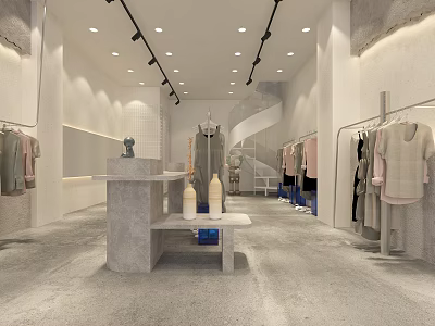 Modern Clothing Store Open Space White Walls Gray Floors Racks Display Counter Spiral Staircase 3d model