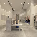 Modern Clothing Store Open Space White Walls Gray Floors Racks Display Counter Spiral Staircase