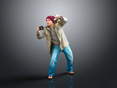 Casual Dressed Man Wearing Red Beanie Holding Camera Making Pointing Gesture In Grey Background 3d model