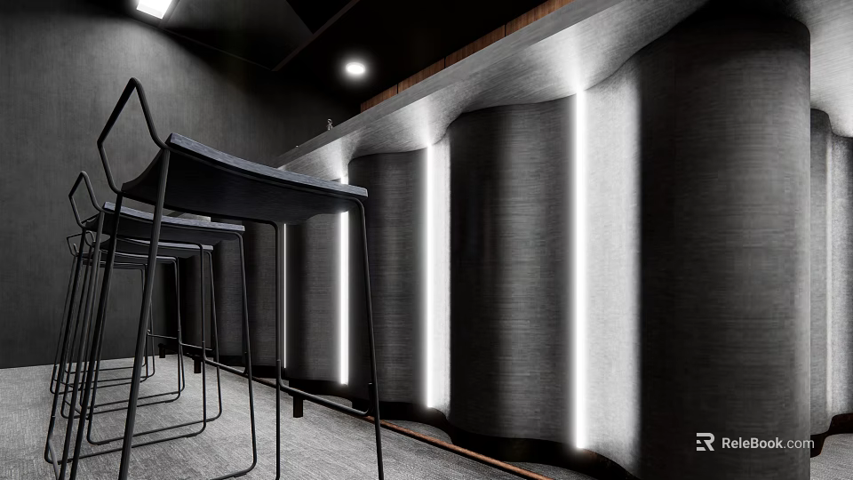 Modern Bar Interior Design With Black Chairs Dark Walls And Strip Lighting 3d model 
