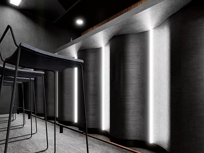Modern Bar Interior Design With Black Chairs Dark Walls And Strip Lighting 3d model