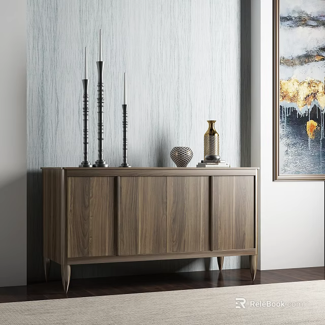 Modern Wooden Console Cabinet With Decorative Vases And Candle Holders In Entryway 3d model 