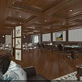 Luxurious Private Room with Wooden Decor Dining Table Sofa Chandelier Bird Paintings and Flower Vase
