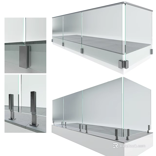 Modern Glass Railing with Clear Panels and Metal Brackets for Staircase and Balcony 3d model 