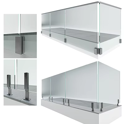 Modern Glass Railing with Clear Panels and Metal Brackets for Staircase and Balcony 3d model