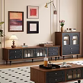 Wooden TV Stand With Glass Doors Black Drawers Table Lamp And Wall Art