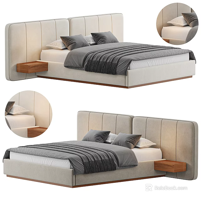 Modern Double Bed With Upholstered Headboard Gray Striped Bedding And Wooden Nightstands 3d model 