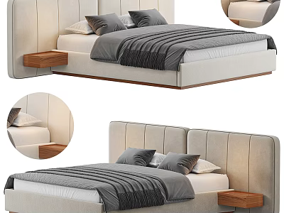 Modern Double Bed With Upholstered Headboard Gray Striped Bedding And Wooden Nightstands 3d model