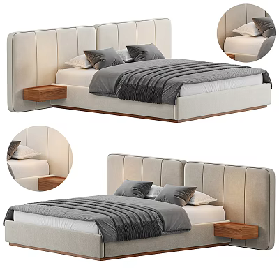Modern Double Bed With Upholstered Headboard Gray Striped Bedding And Wooden Nightstands 3d model
