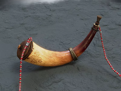 Handcrafted Wooden Horn Musical Instrument With Intricate Carved Patterns And Red White Beaded Strings 3d model