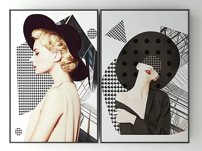 Portrait Paintings Featuring Women with Hats and Geometric Patterns Polka Dots Houndstooth Triangles 3d model