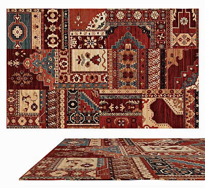 Square Rug With Vintage Patchwork Design Traditional Patterns Red Blue Beige Tones 3d model