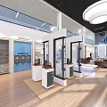 Modern Exhibition Hall Interior With Gray Door White Display Shelves Red Items And Blue Boards