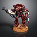 Red Armored Mechanical Warrior Holding Futuristic Weapons on Detailed Brown Base