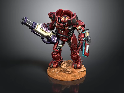 Red Armored Mechanical Warrior Holding Futuristic Weapons on Detailed Brown Base 3d model