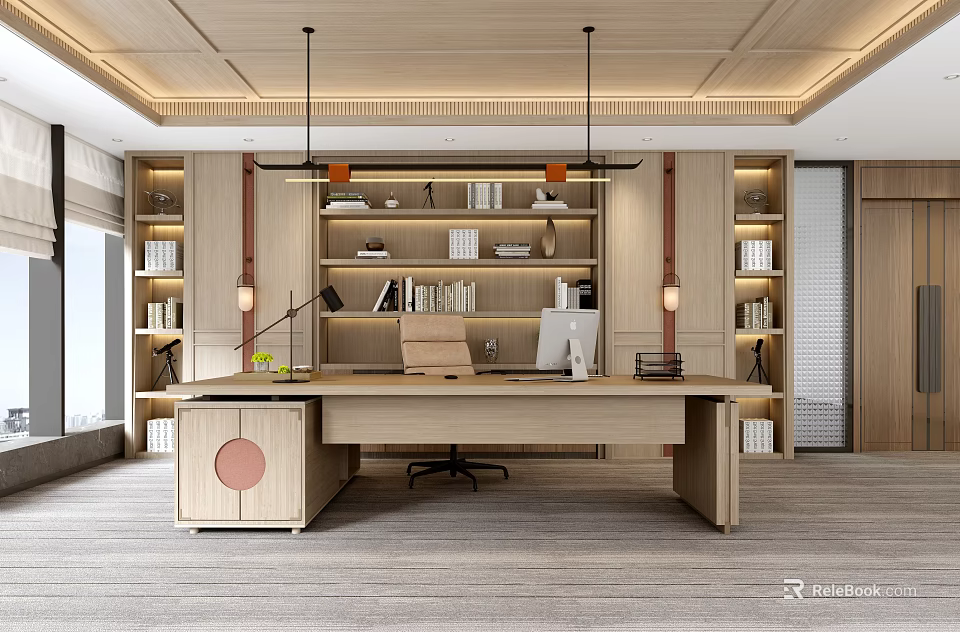 Modern Office Interior With Wooden Desk Bookshelves Pendant Lights And Floor to Ceiling Windows 3d model 
