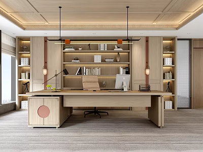 Modern Office Interior With Wooden Desk Bookshelves Pendant Lights And Floor to Ceiling Windows 3d model