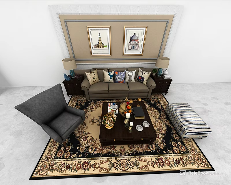 Modern Sofa Coffee Table Set With Decorative Pillows Patterned Rug And Wall Art 3d model