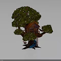 Wooden Tree House Building On Tall Tree With Green Leaves Pink Flowers And Slide