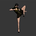 Game And Movie Character Female 3D Render In Black And Gold Qipao Performing High Kick