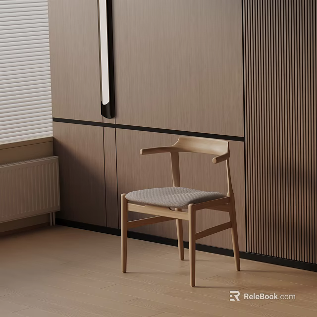 Modern Wooden Dining Chair With Gray Cushion In Minimalist Interior With Wooden Cabinets 3d model 