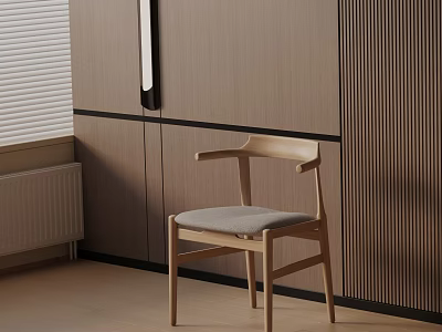 Modern Wooden Dining Chair With Gray Cushion In Minimalist Interior With Wooden Cabinets 3d model