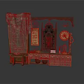 Architectural Vintage Display With Carved Wooden Door And Decorative Cabinets