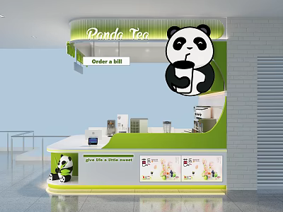 Panda Tea Shop Interior With Green Counter And Panda Logo Drink Menu 3d model