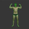 A Man Flexing Muscles Shirtless In Dark Underwear Standing Against Gray Background