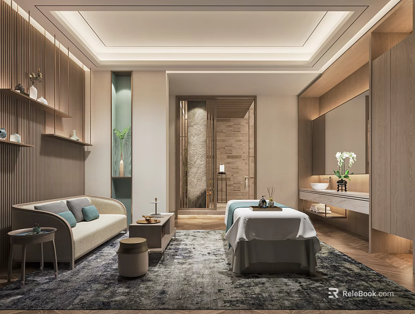 Luxurious SPA Sauna Interior With Massage Bed Wooden Decor And Green Plants 3d model 