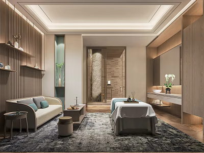 Luxurious SPA Sauna Interior With Massage Bed Wooden Decor And Green Plants 3d model