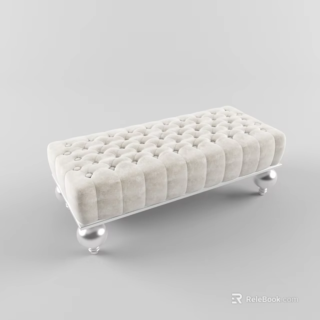 Elegant Cream Velvet Ottoman Bench With Tufted Button Design Silver Metal Legs And Classic Style 3d model 