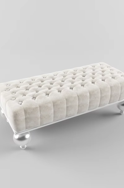 Elegant Cream Velvet Ottoman Bench With Tufted Button Design Silver Metal Legs And Classic Style 3d model