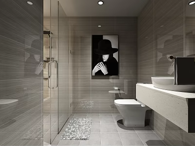 Modern Hotel Bathroom Interior With Glass Shower Gray Tiled Walls Vanity And Black White Artwork 3d model