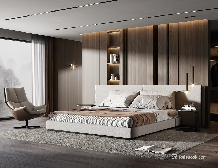 Modern Bedroom Interior With Wooden Wall Paneling Bed Area Rug Accent Chair And Natural Light 3d model 