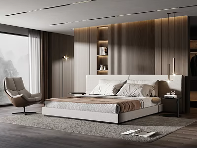 Modern Bedroom Interior With Wooden Wall Paneling Bed Area Rug Accent Chair And Natural Light 3d model