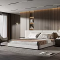 Modern Bedroom Interior With Wooden Wall Paneling Bed Area Rug Accent Chair And Natural Light