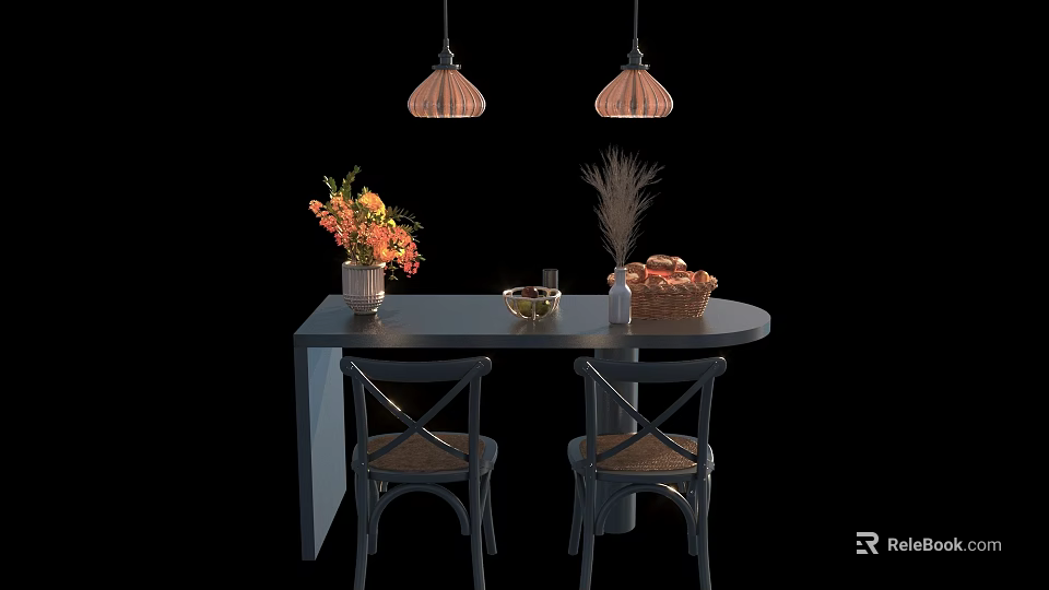 Elegant Dining Table Set With Cross Back Chairs Pendant Lights And Decorative Flower Vase 3d model 