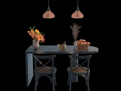 Elegant Dining Table Set With Cross Back Chairs Pendant Lights And Decorative Flower Vase 3d model