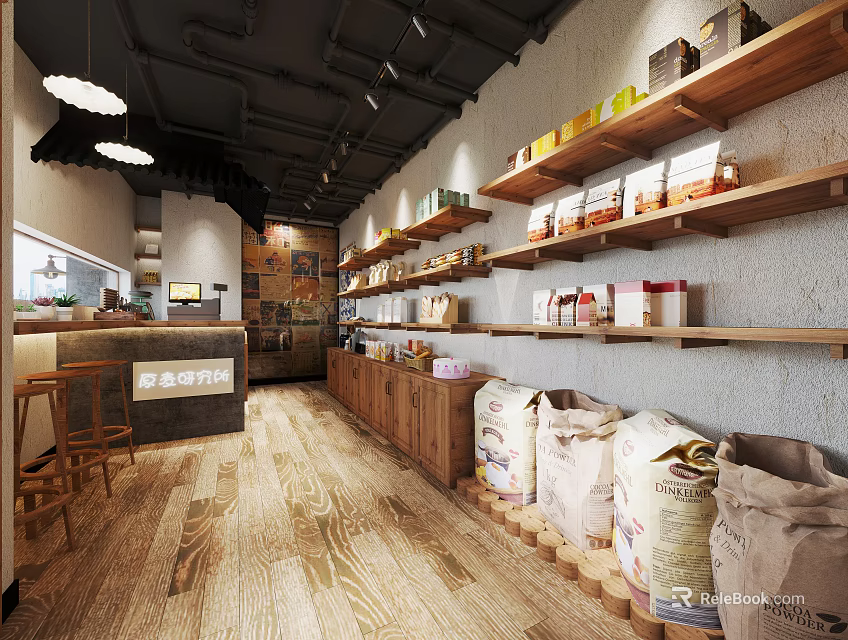 Warm Dessert Shop Interior With Wooden Shelves Flour Bags Counter And Pendant Lights 3d model 