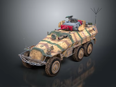 Armored Military Vehicle With Camouflage Paint Six Wheels And Roof Equipment 3d model